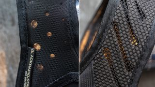 A close-up comparison showing the difference of shoulder padding on the BlackRapid Double Breathe Dual Camera Harness Strap (left) and Blackline II (right)