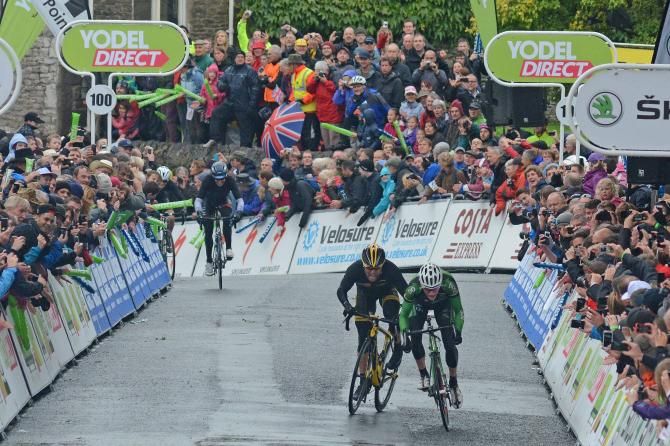 Large crowds watch Gerald Ciolek overhaul Sam Bennett in the finale in Kendal