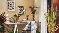 home office desk with house plants and botanical prints 
