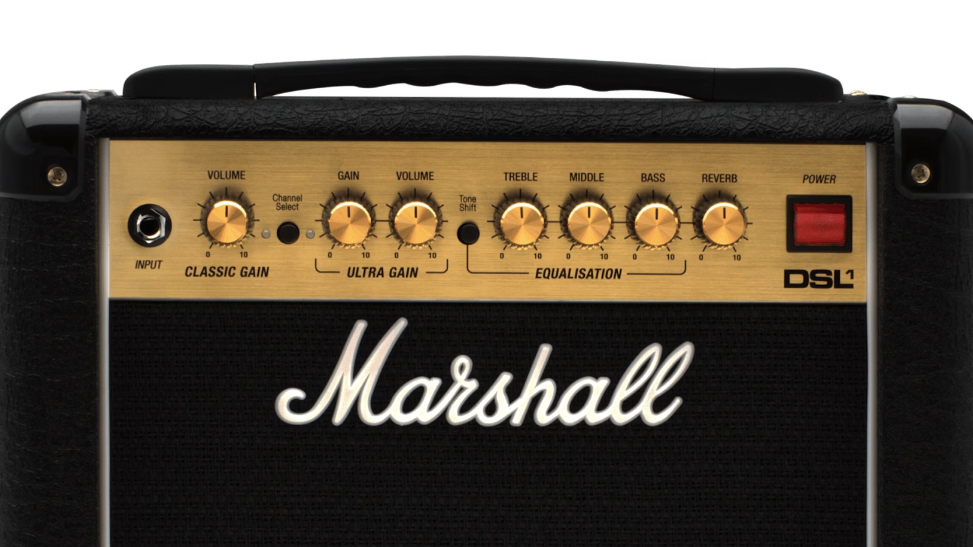 Close up of the controls on a Marshall DSL1CR tube amp