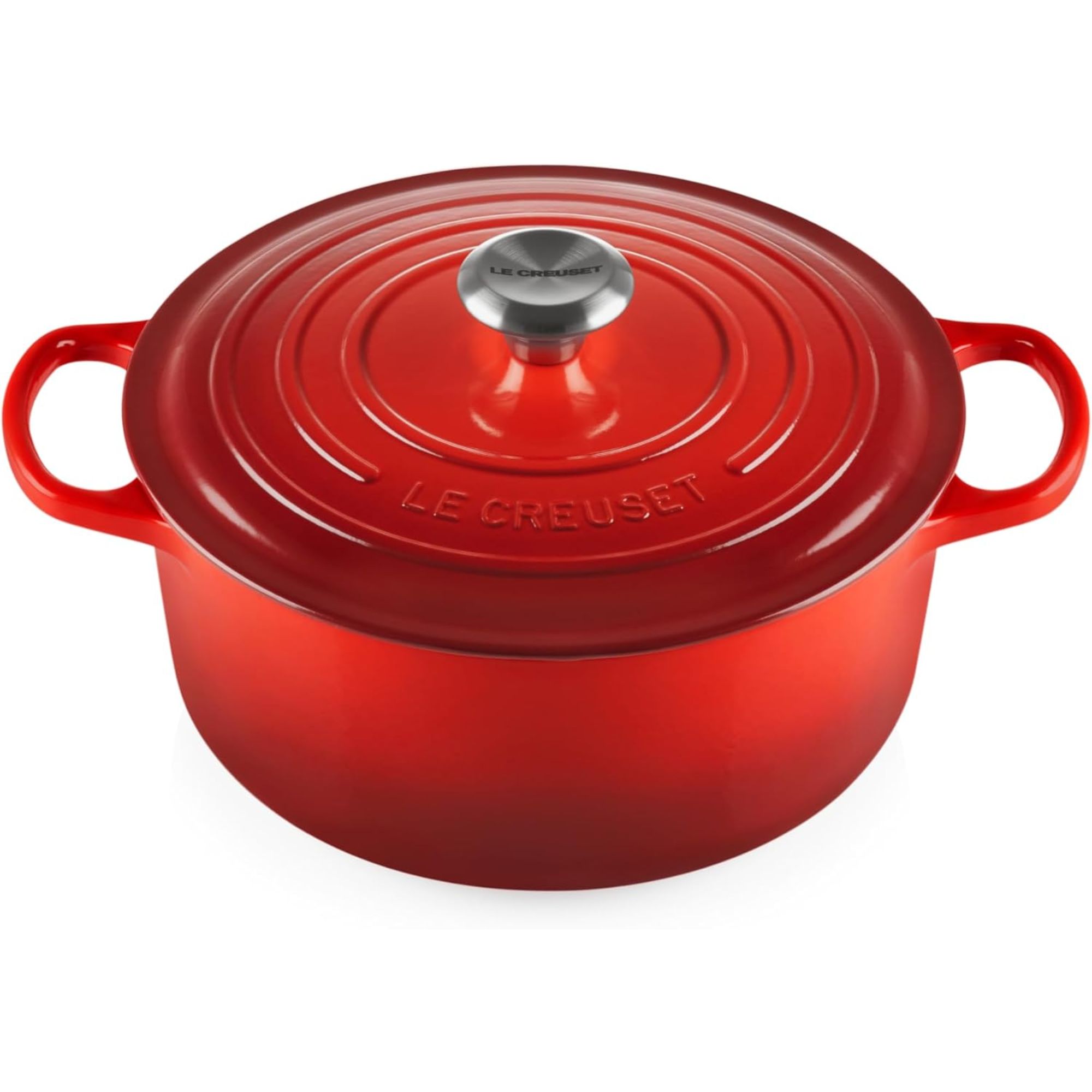 Red Le Creuset Dutch oven with silver handle
