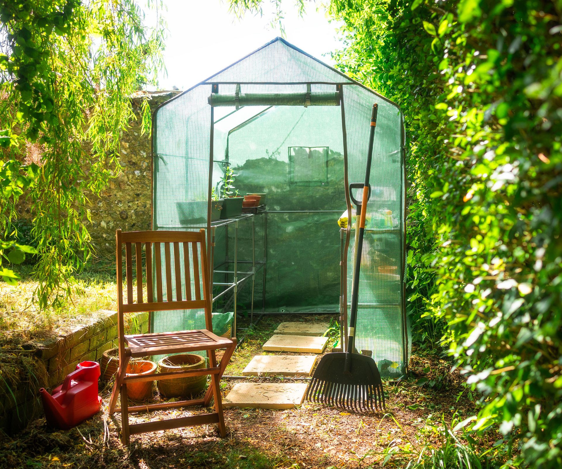 basic green pop-up style greenhouse in backyard with chair and rake