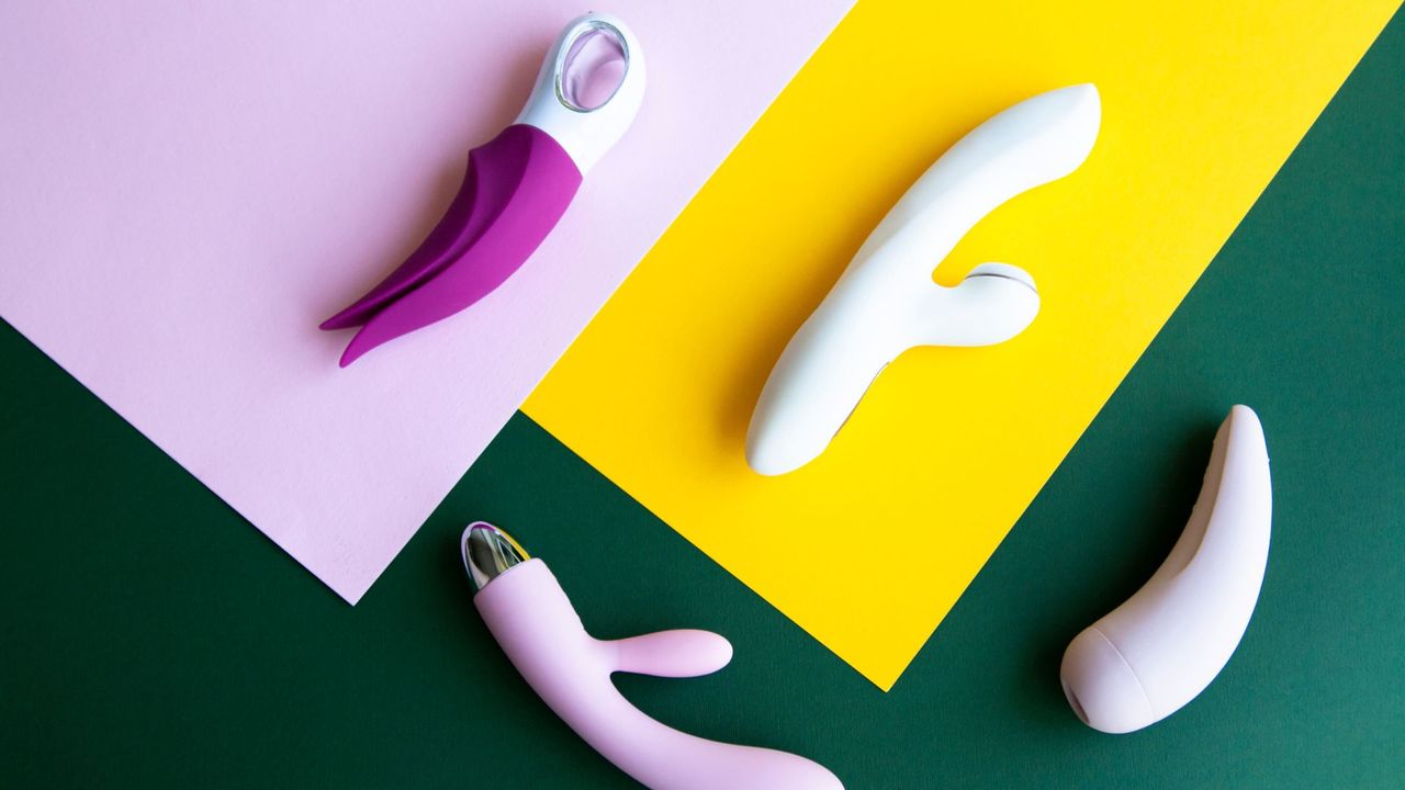 Range of sex toys against a geometric background