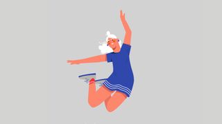 Illustrated woman flying through the air with arms in the air