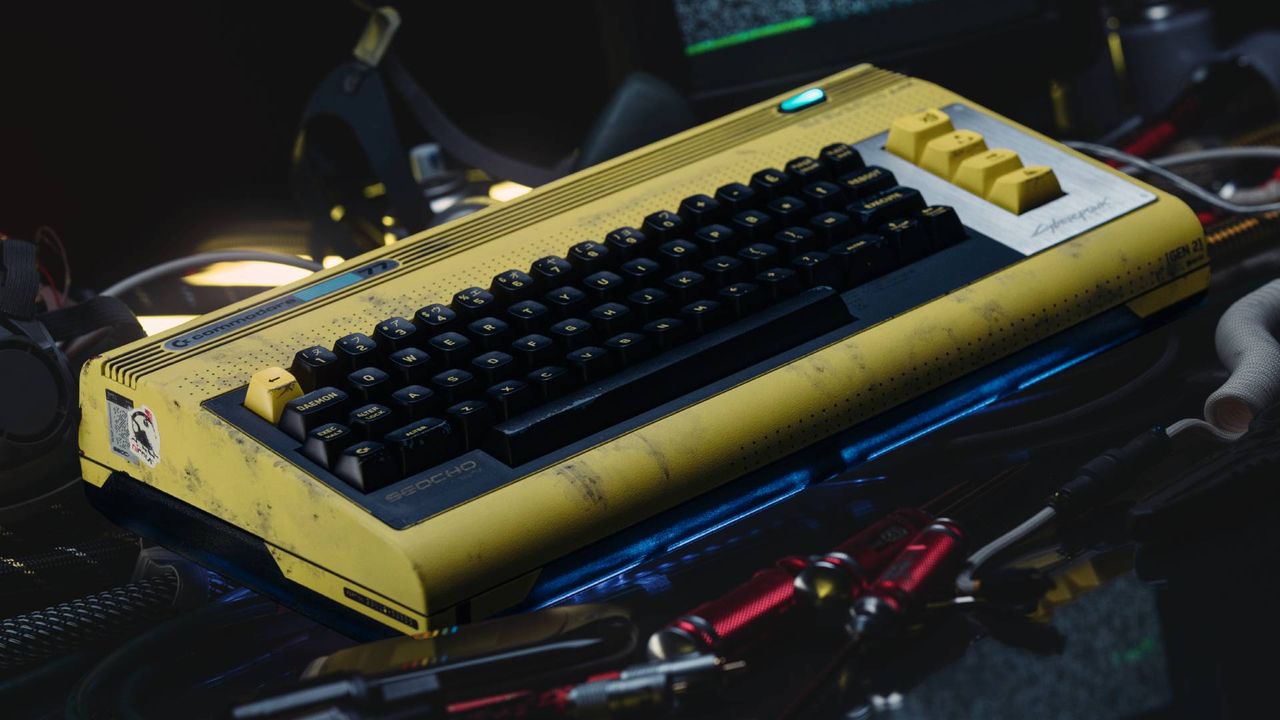 Angled view of Commodore 77 in Cyberpunk 2077 inspired workbench.