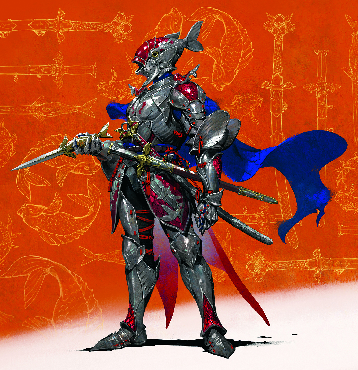 Colourful digital art showing a knight in armour on an orange background