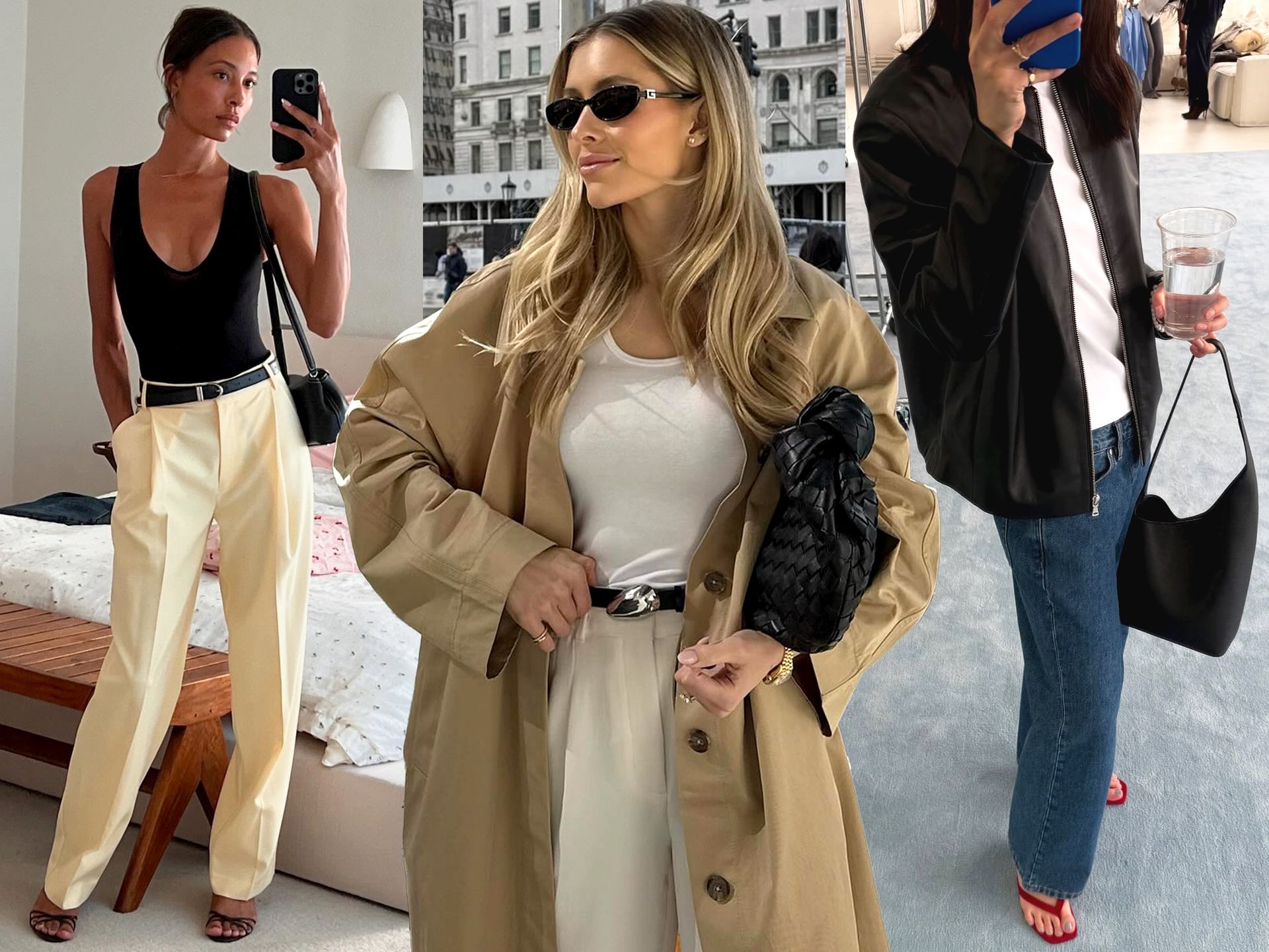 fashion collage of Tylynn Nguyen, Frederika Ekerot, and Mimi Nguyen posing in luxe-looking outfits with pieces like trousers, trench coat, belts, trendy black bags, jeans, and more.