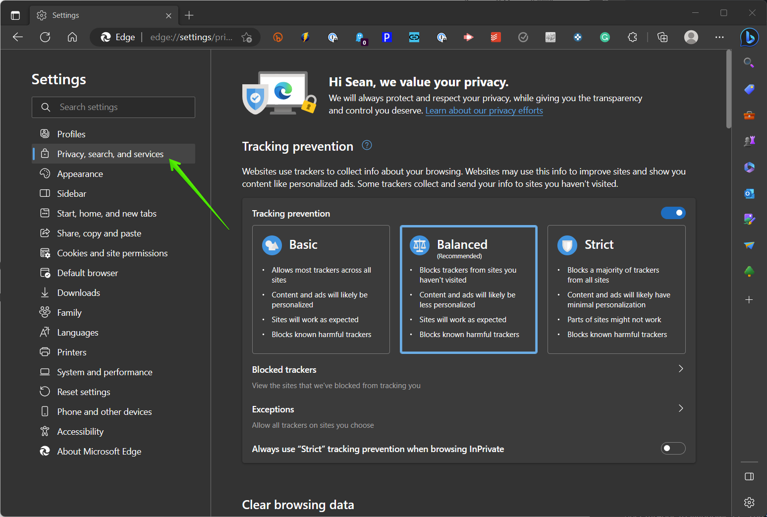 Una captura de pantalla de Microsoft Edge que muestra cómo evitar que Edge comparta su historial web con Bing