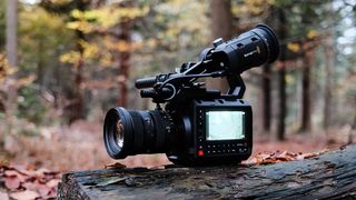 Blackmagic Pyxis 6K camera with lens attached perched on a log in the woods