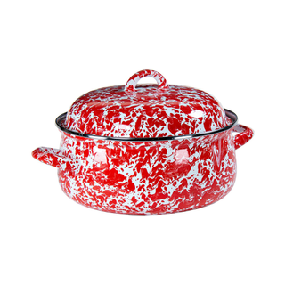 A marbled red and white Dutch oven
