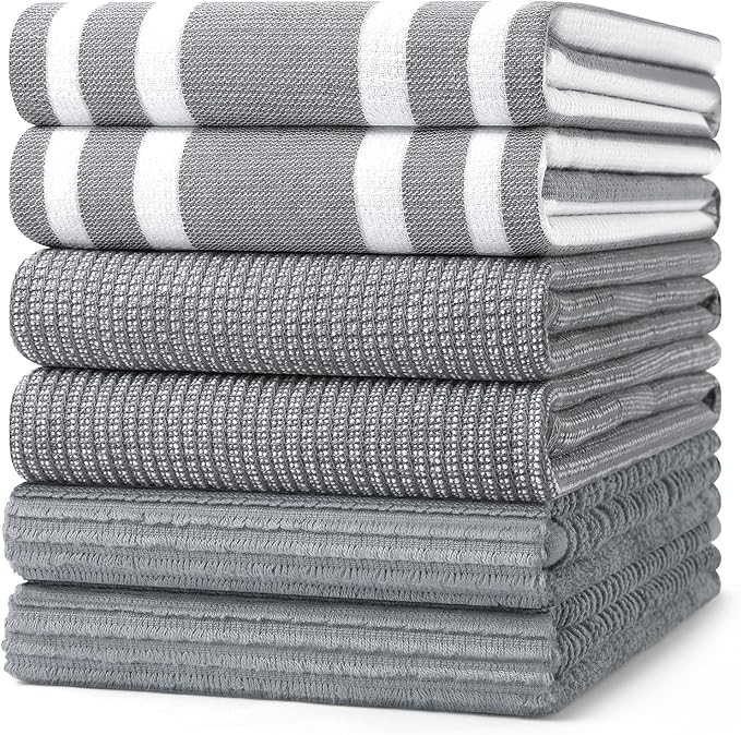 Homaxy, Homaxy Premium Kitchen Towels(18&amp;rdquo;x 28&amp;rdquo;, 6 Pack), Large Cotton 380 Gsm Kitchen Hand Towels, Soft and Absorbent Terry Dish Towels, Multipurpose Tea Towel Set With Hanging Loop, Grey
