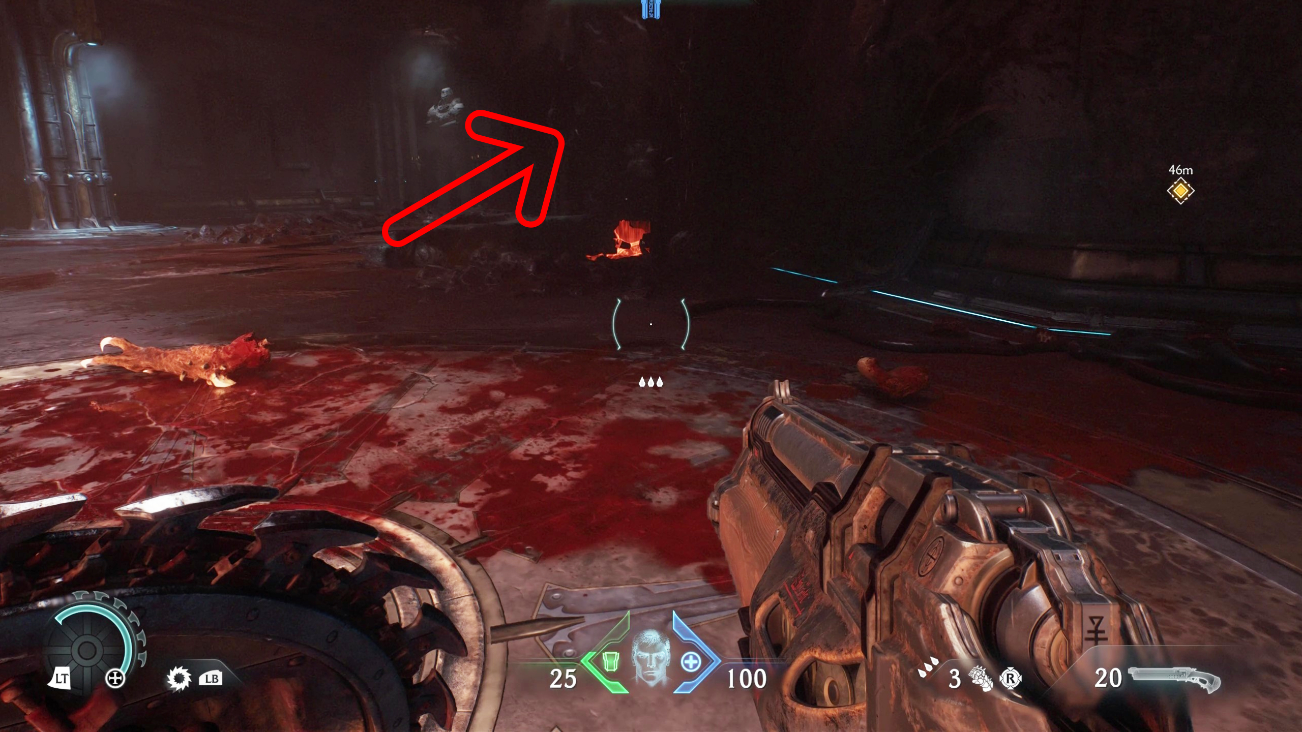 Doom: The Dark Ages Hebeth secrets - The corner of a demonic barrier at the back of a room, where you can climb up the wall.