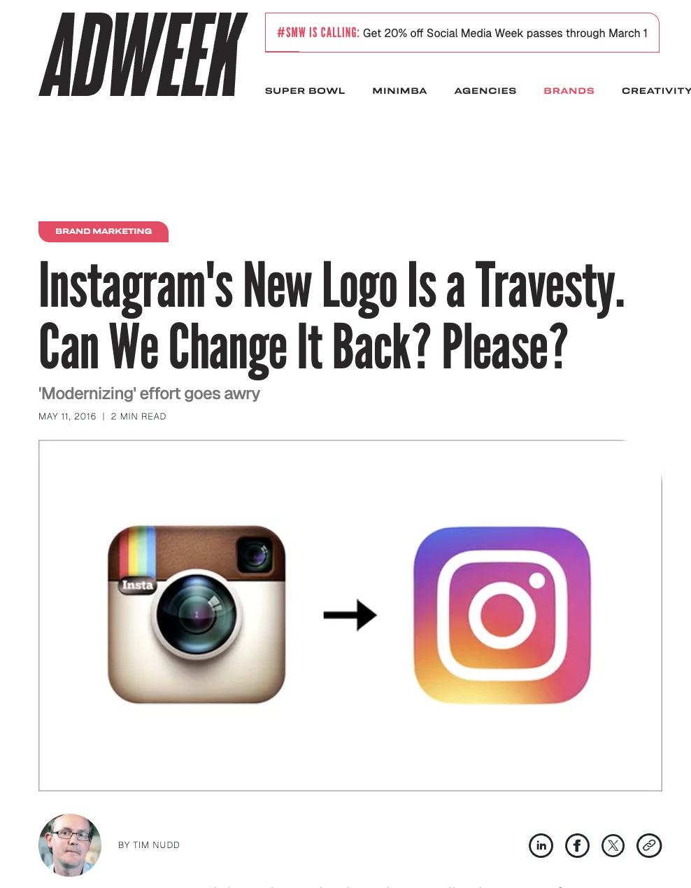 Screenshot of an Adweek article attacking Instagram's new logo in 2016
