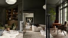 Three images of a dark green moody living room