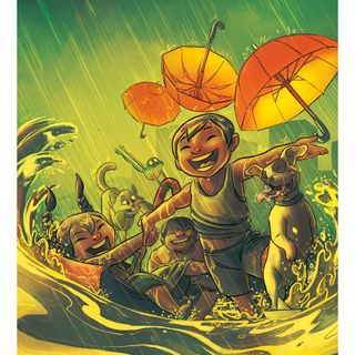 Scene of happy characters enjoying the rain