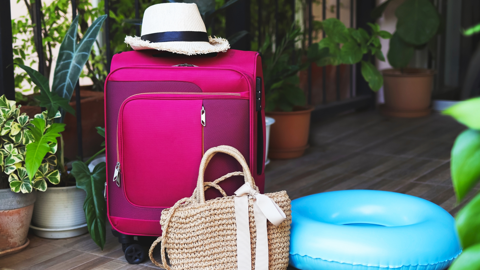 Suitcase, purse, inner tube, and hat on porch full of plants