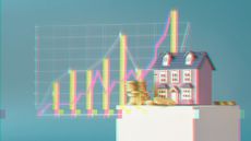 Graphic illustration of a house and line chart indicating stock market