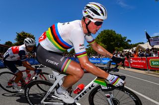 Road race world champion Mads Pedersen leads Trek-Segafredo teammate – and eventual overall winner – Richie Porte at the 2020 Tour Down Under