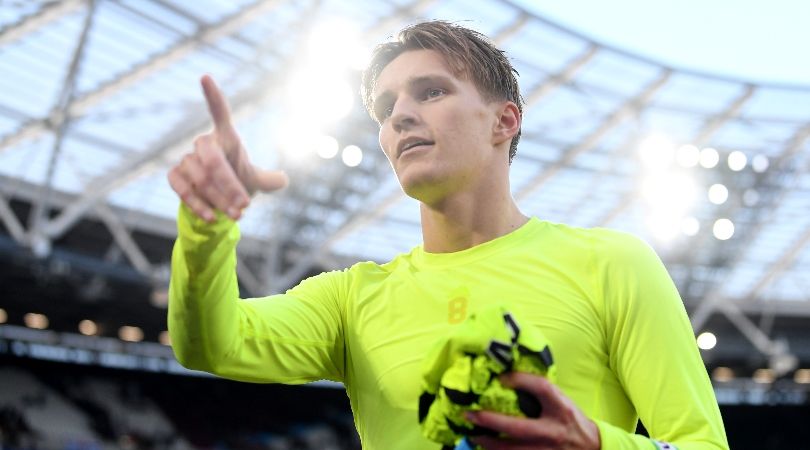 Martin Odegaard celebrates Arsenal&#039;s win over West Ham at the London Stadium in February 2024.