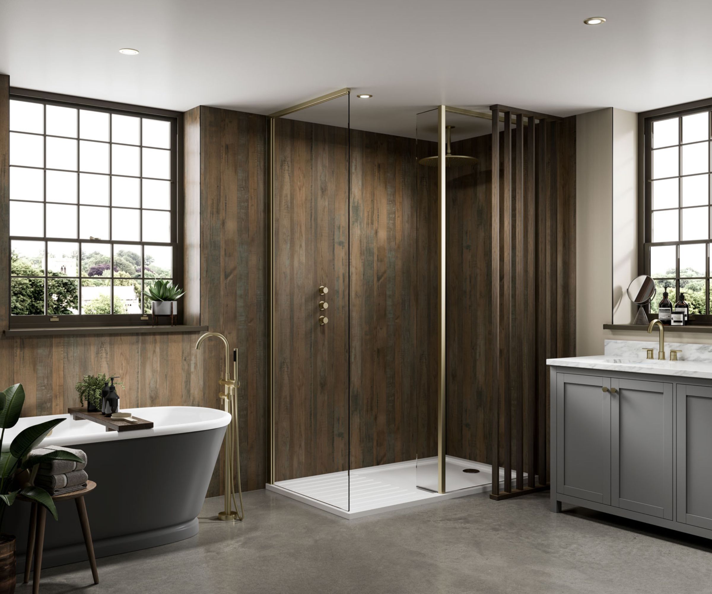 A family bathroom with a large walk in shower with dark wood panel effect wall panels and a freestanding bath
