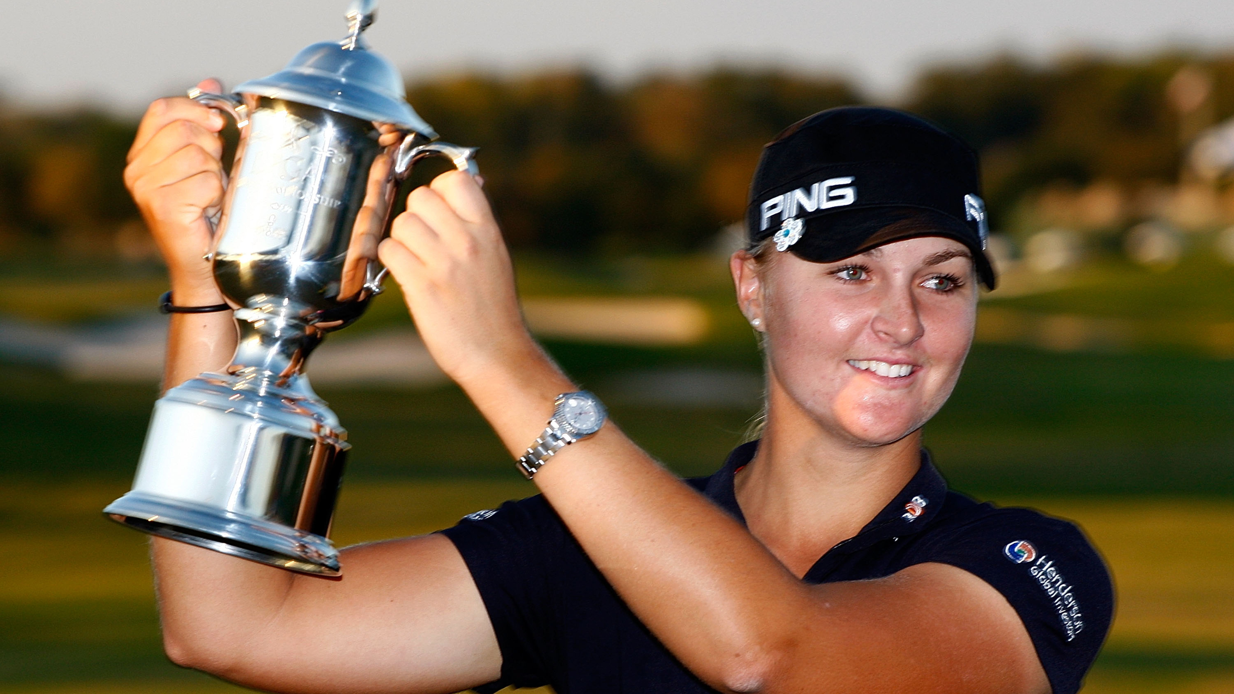 Anna Nordqvist holding the LPGA Championship trophyc