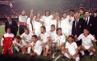 Milan celebrate with the European Cup after beating Steaua Bucharest in the 1989 final