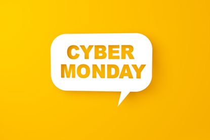 The words Cyber Monday inside a talk bubble