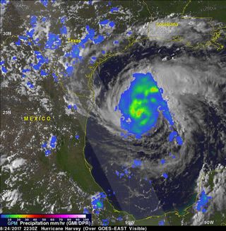 The GPM satellite flew almost directly above intensifying Hurricane Harvey on August 24, 2017 at 6:30 p.m. EDT and indicated that powerful storms in the hurricane were dropping rain at a rate of over 2.1 inches (54 millimeters) per hour.