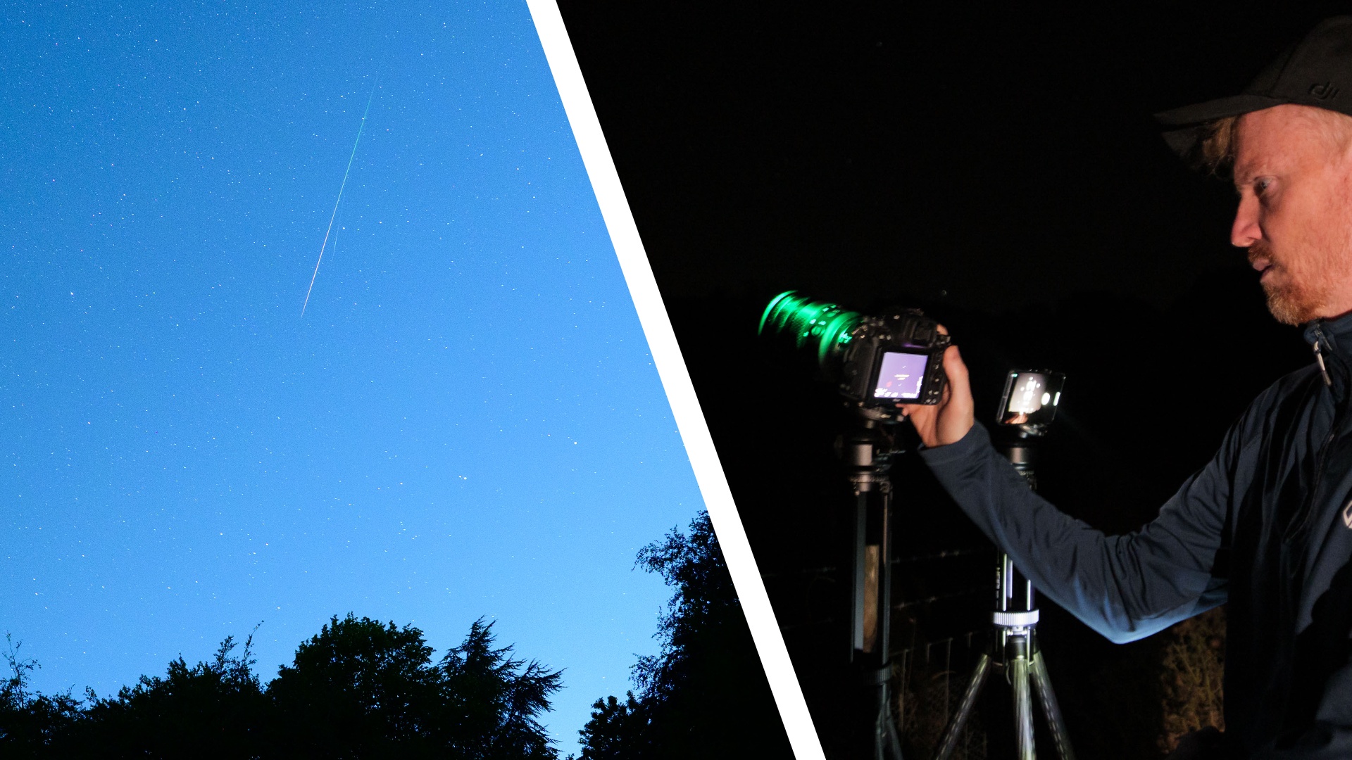 A meteor flashes across the clear night sky during the Perseid Meteor Shower 2026, photographer Tim Coleman lining up the photo with a tripod mounted Nikon camera, besides a tripod mounted Pixel phone