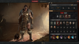 Salvaging items and changing appearance of a female Barbarian in Diablo 4.