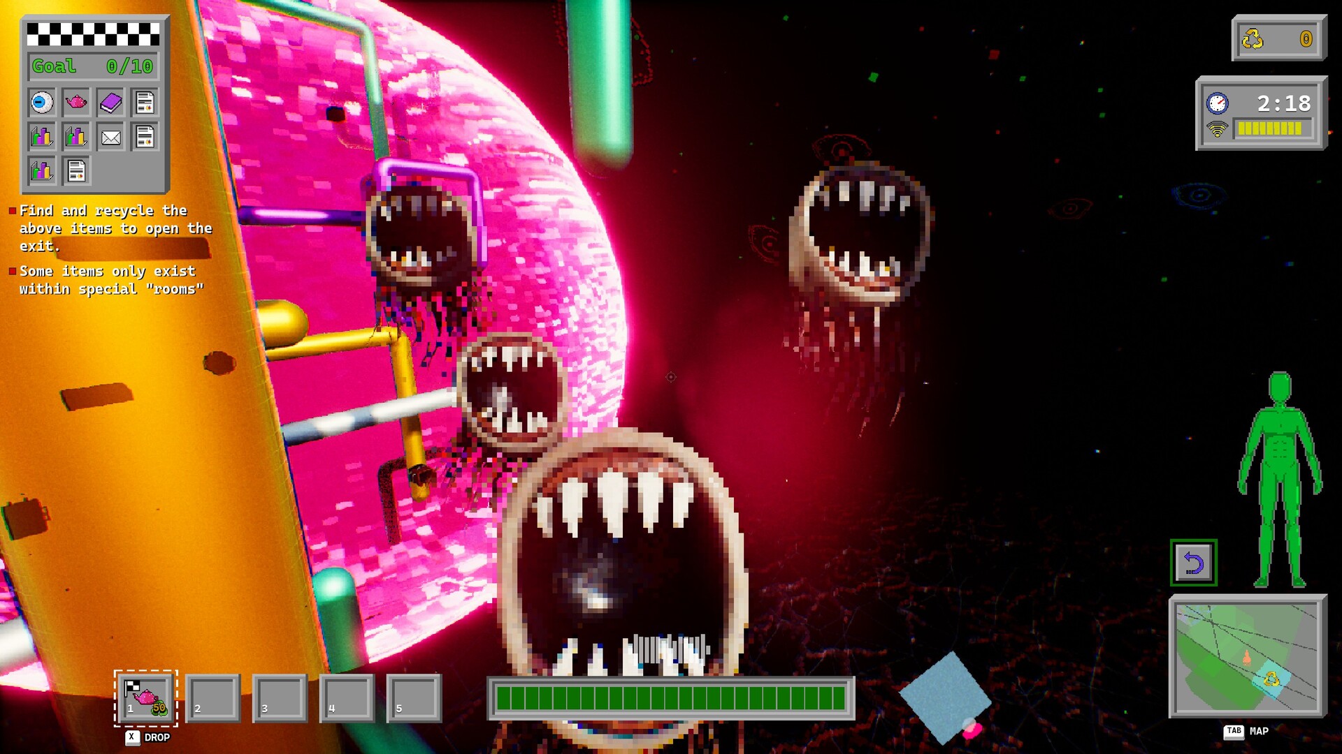Monsters with open mouths and sharp teeth coming toward the player with colourful pipes and a pink orb in the distance.