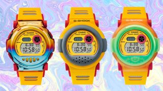 Three G-Shock G-B001 watches on abstract purple background