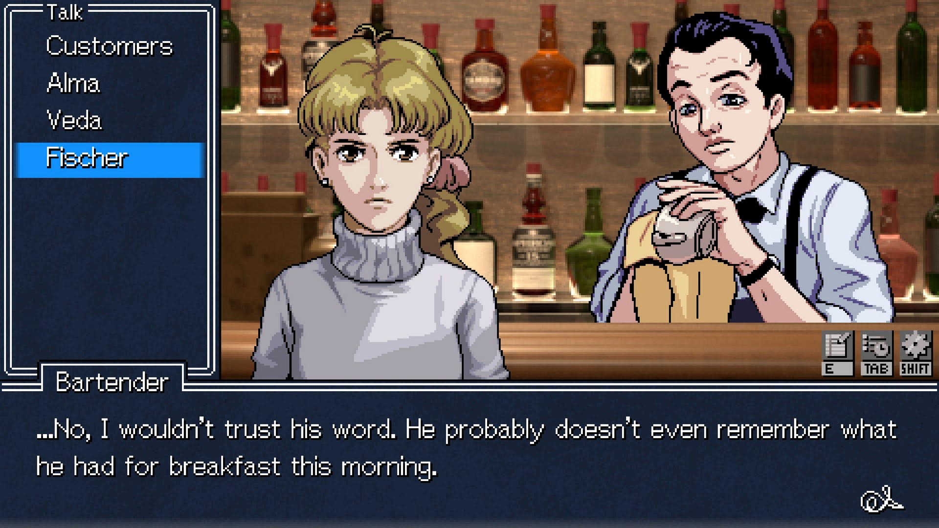 The Bartender in Detective Instinct: Farewell, My Beloved polishes a cup as he tells you and Emma not to trust Fischer