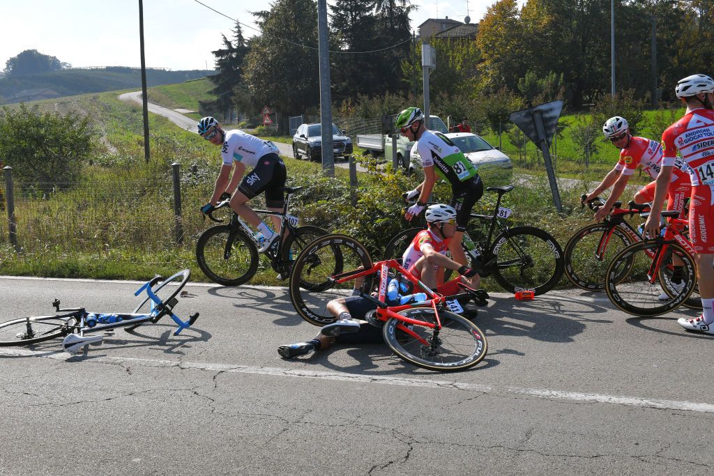 Riders negotiate a crash in the final 20k of a race at the Challenge Mallorca