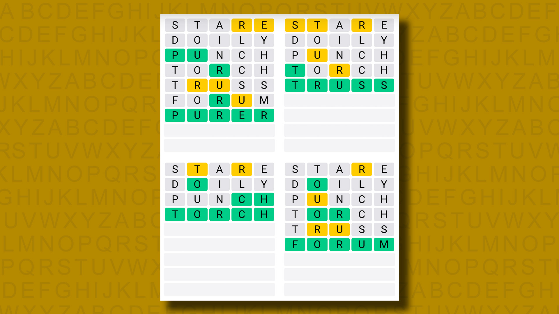 Quordle answers for game 1026 on a yellow background