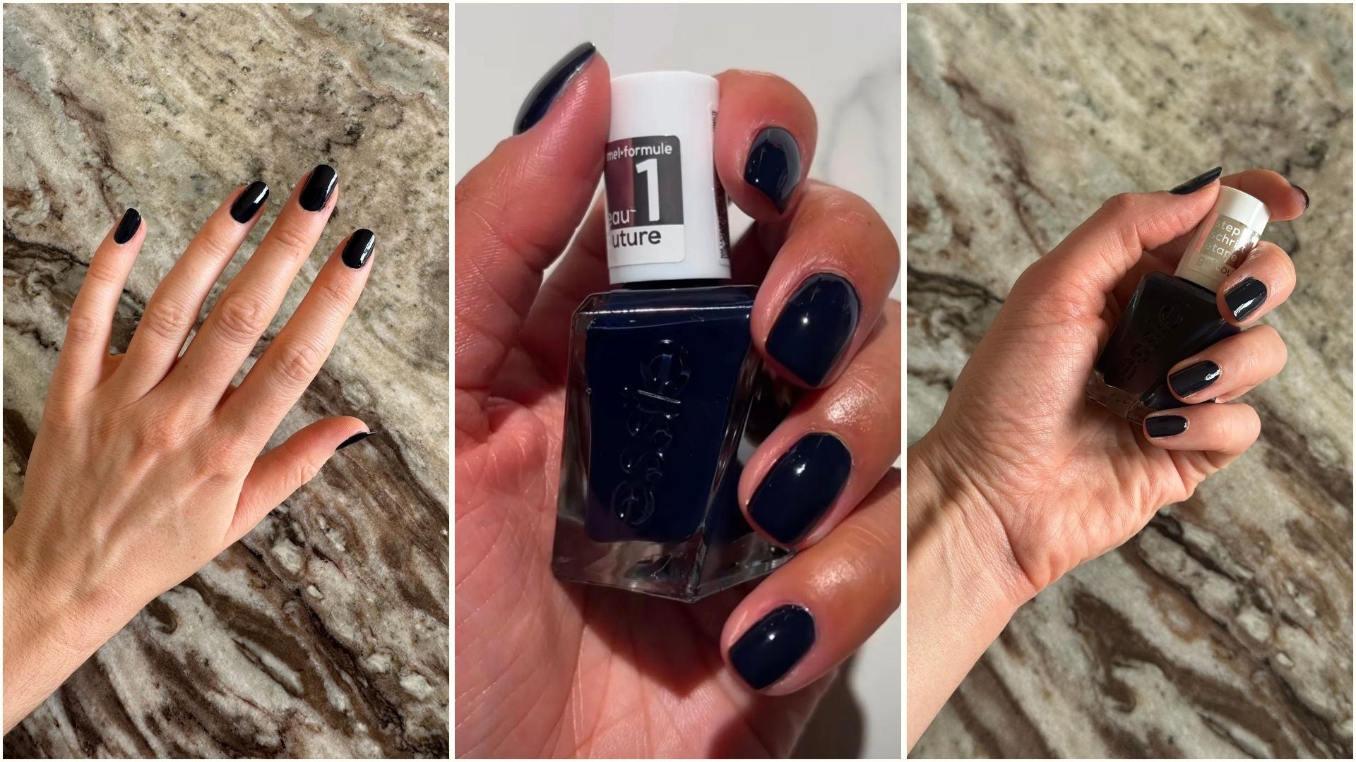 A collage of hands with nails painted with essie caviar bar nail polish