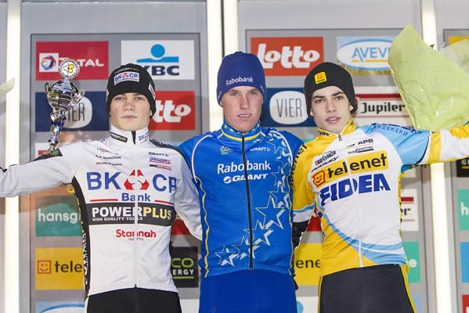 The U23 podium in Diegem: David van der Poel, Mike Teunissen, Wout van Aert