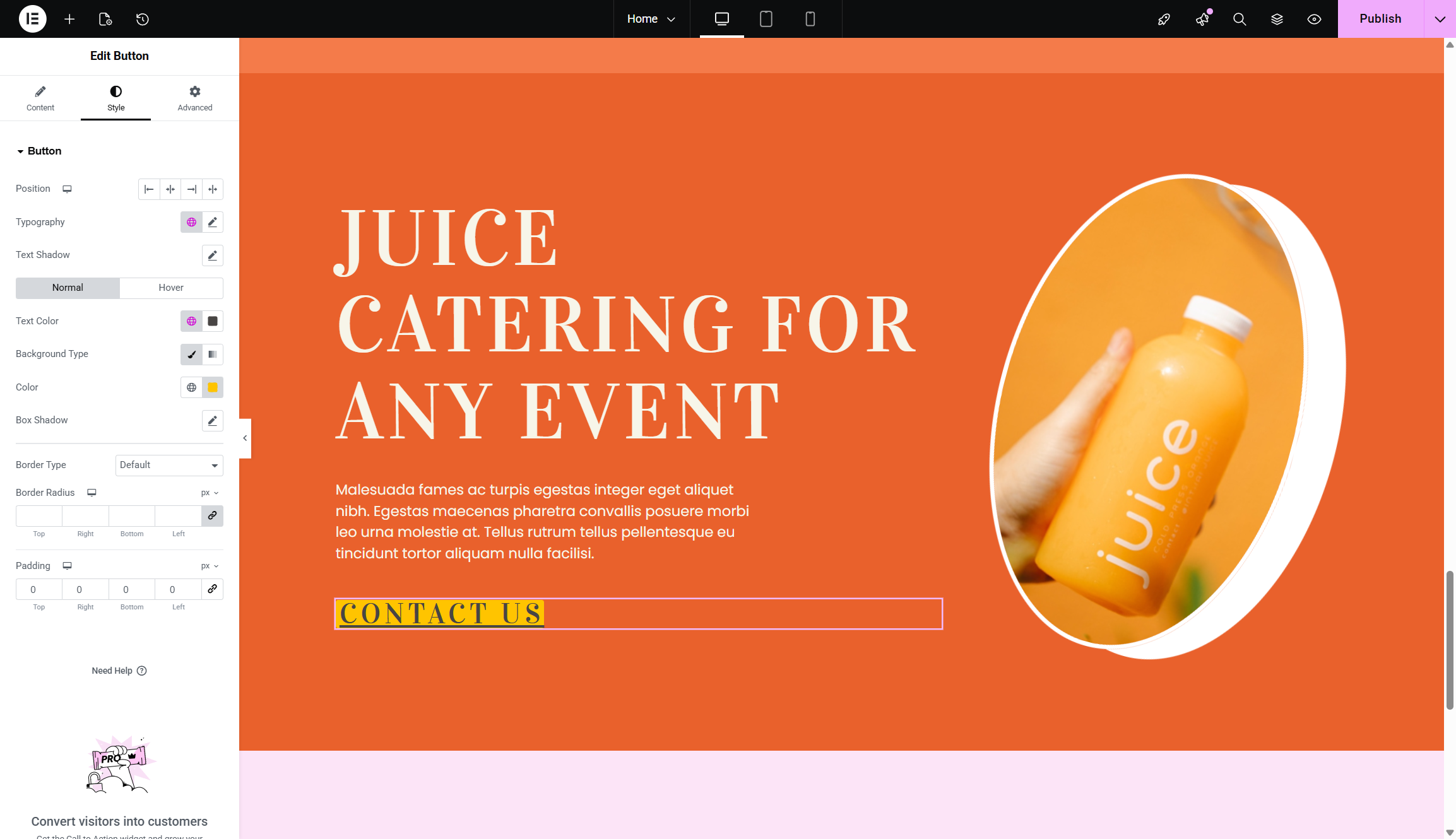 screenshot of elementor CTA widget