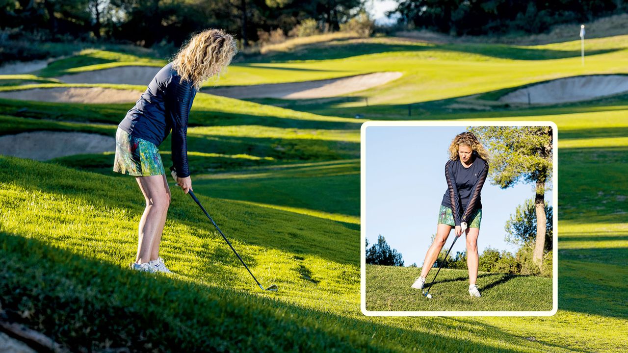 Golf Monthly Top 50 Coach Katie Dawkins demonstrating how to play a golf shot with an uneven stance and the golf ball below her feet