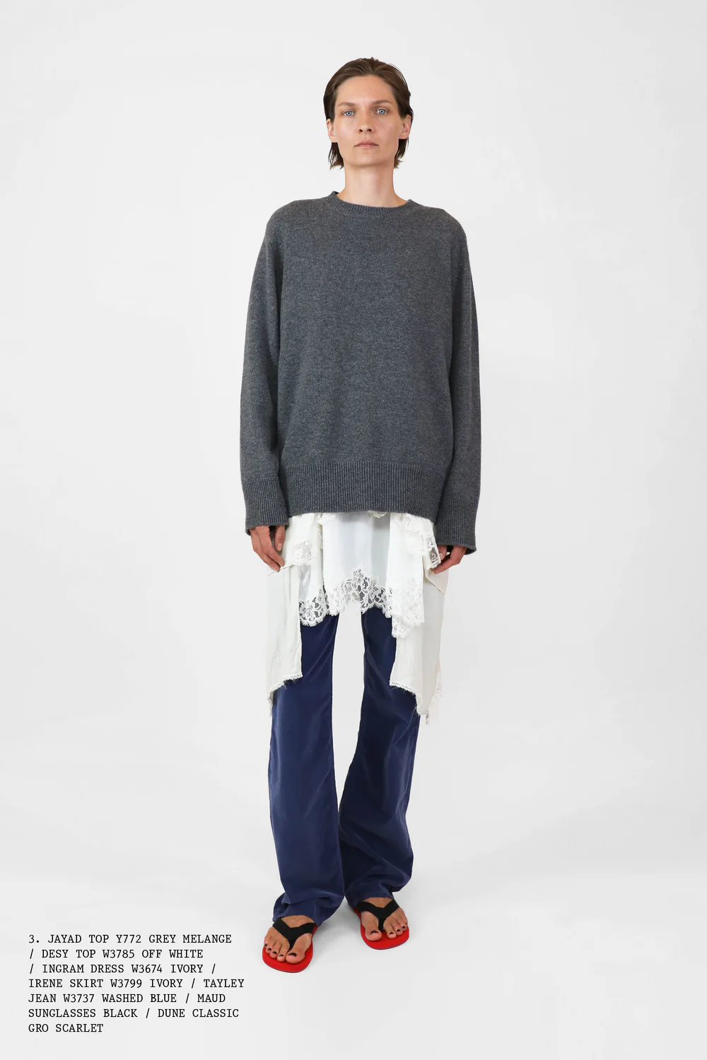 a Spring 2025 The Row look of a woman wearing blue jeans, a lace slip, gray sweater, and black and red flip-flop sandals