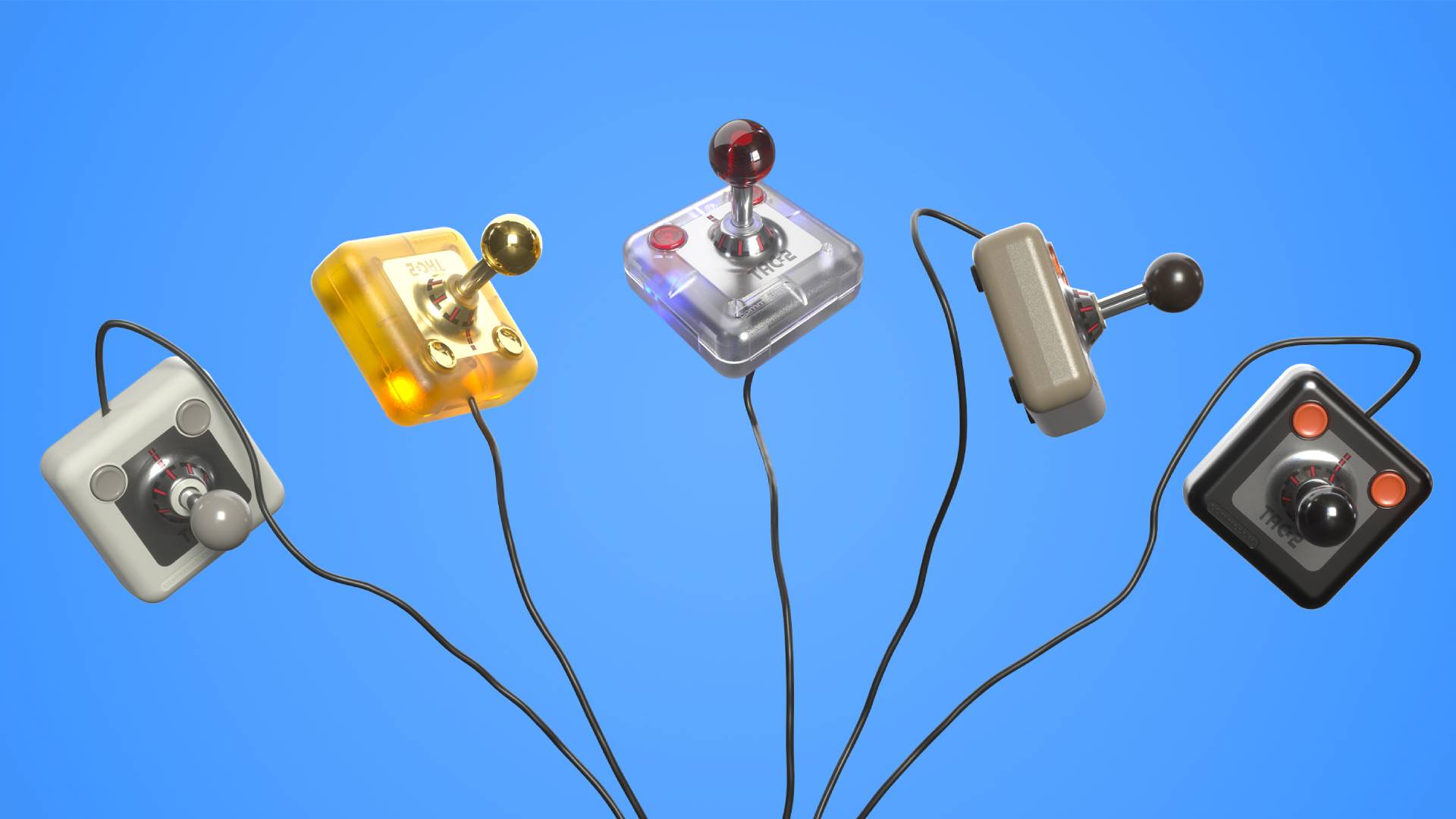 TAC-2 joysticks in beige, gold, starlight, grey, and black with light blue backdrop.