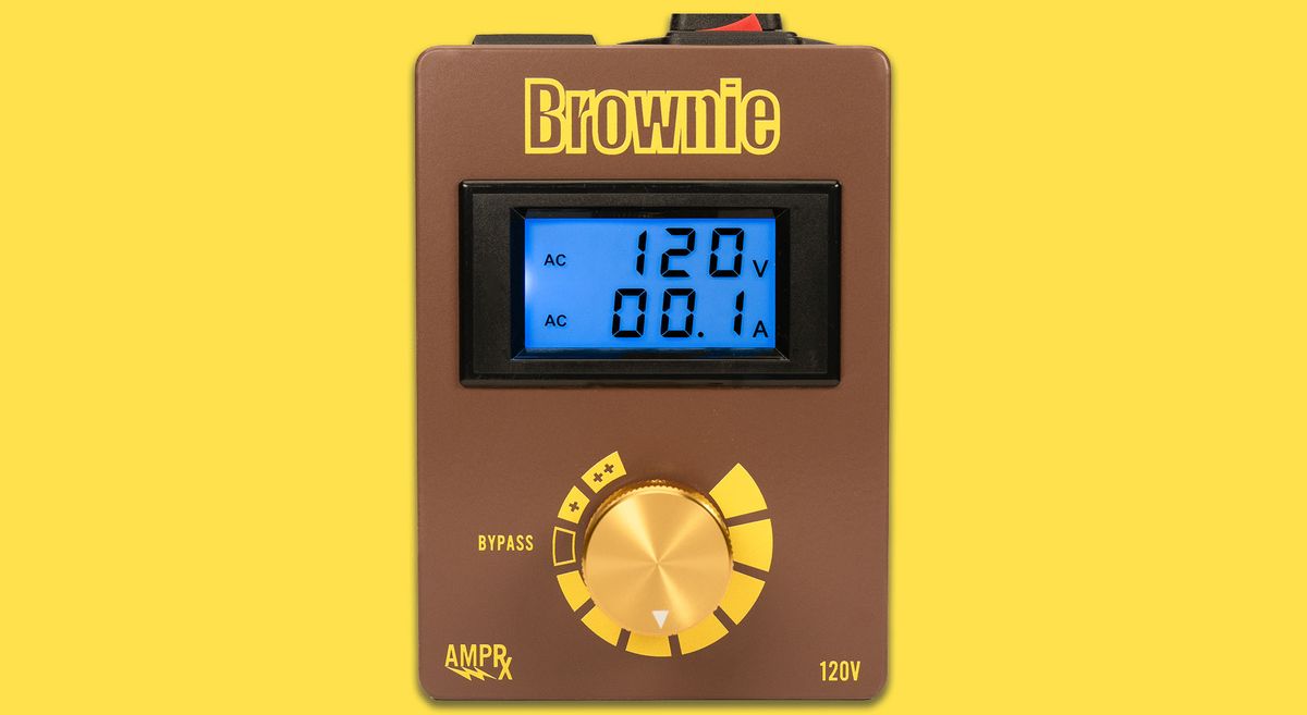 AmpRx Brownie – a brown unit with a gold dial, LED display, and yellow text