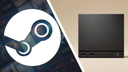 SteamOS logo and render of Steam Machine