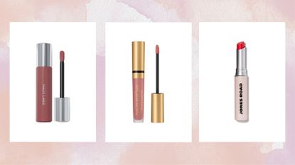 Collage of three of the best long-lasting lipsticks featured in this guide from Haus Labs, Max Factor and Glossier