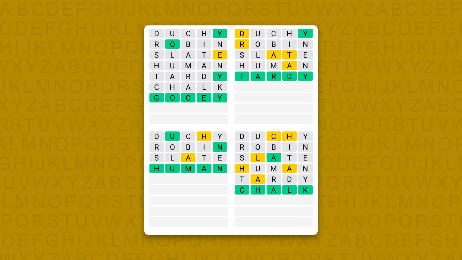 Quordle answers for game 1653 on a yellow background