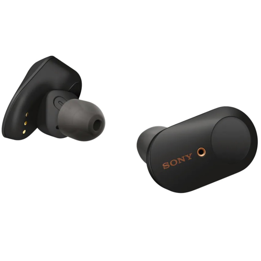 Et par sorte Sony WF-1000XM3 på hvid baggrund