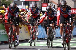 BMC riders finish the team time trial at the Tour de France