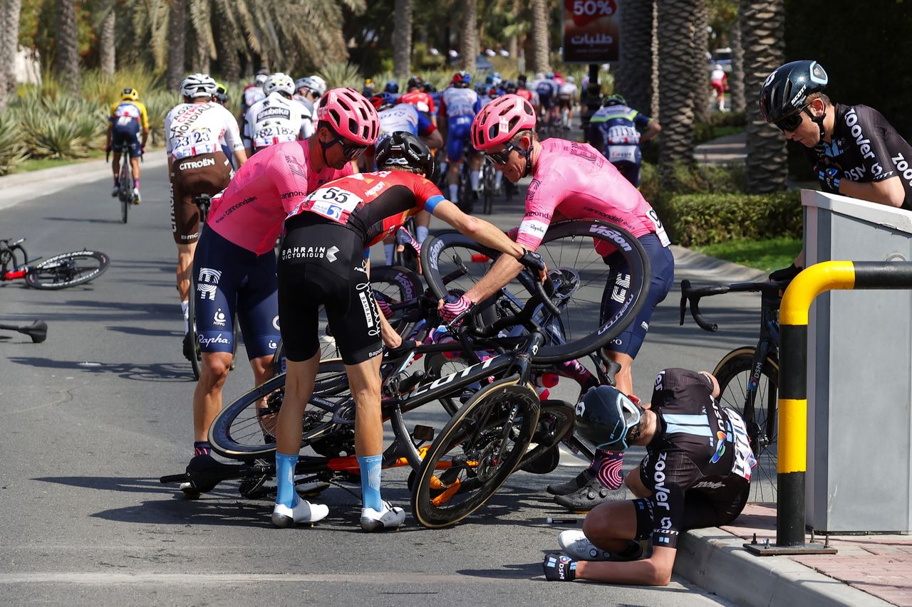 UAE Tour 2021 3rd Edition 6th stage Deira Island Palm Jumeirah 165 km 26022021 Scenery Crash Gino Mader SUI Bahrain Victorious Florian Stork GER Team DSM photo Luca BettiniBettiniPhoto2021