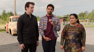 Zarna Garg, Karan Soni, and Jonathan Groff looking unhappy in a Nice Indian Boy.