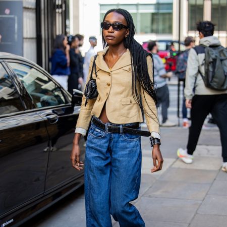 Baggy jeans and single-breasted tailored jacket at London Fashion Week